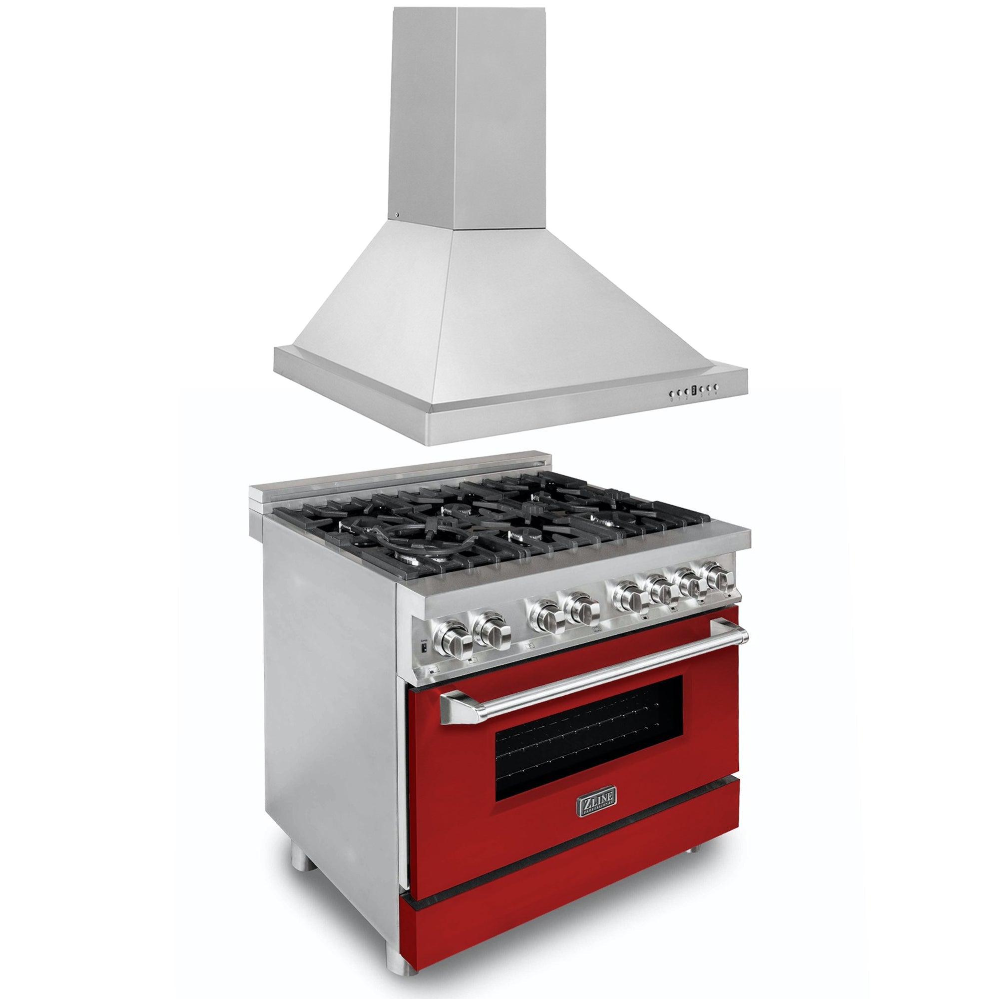ZLINE 36" Kitchen Package with DuraSnow® Stainless Steel Dual Fuel Range with Red Matte Door and Convertible Vent Range Hood - 2KP-RARMRH36