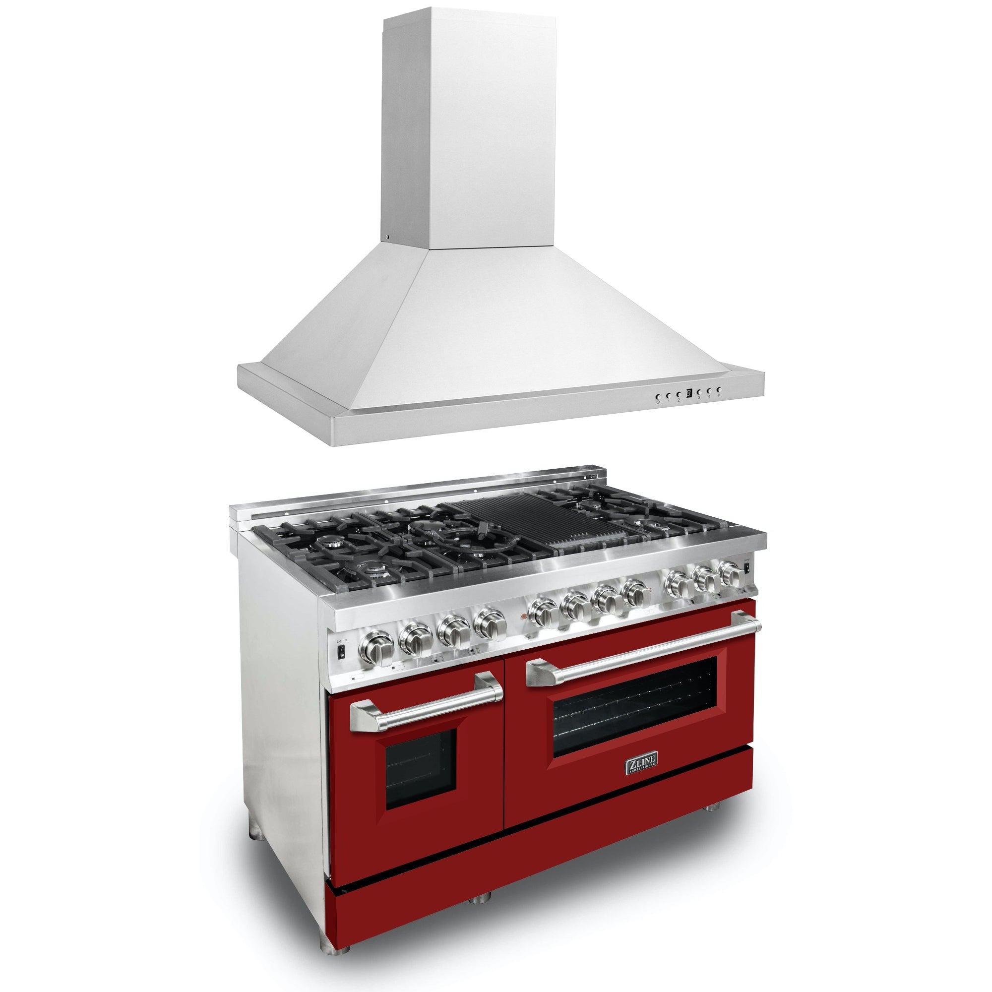 ZLINE 48" Kitchen Package with Stainless Steel Dual Fuel Range with Red Gloss Door and Convertible Vent Range Hood - 2KP-RARGRH48
