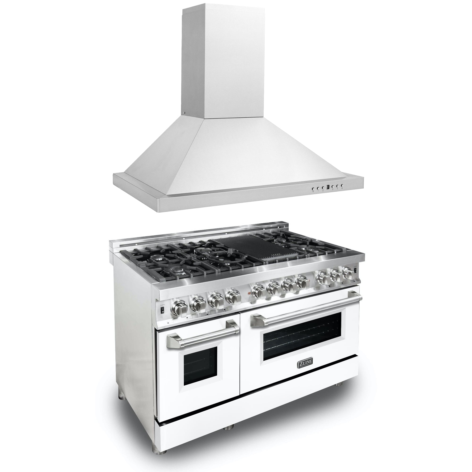 ZLINE 48" Kitchen Package with Stainless Steel Dual Fuel Range with White Matte Door and Convertible Vent Range Hood - 2KP-RAWMRH48