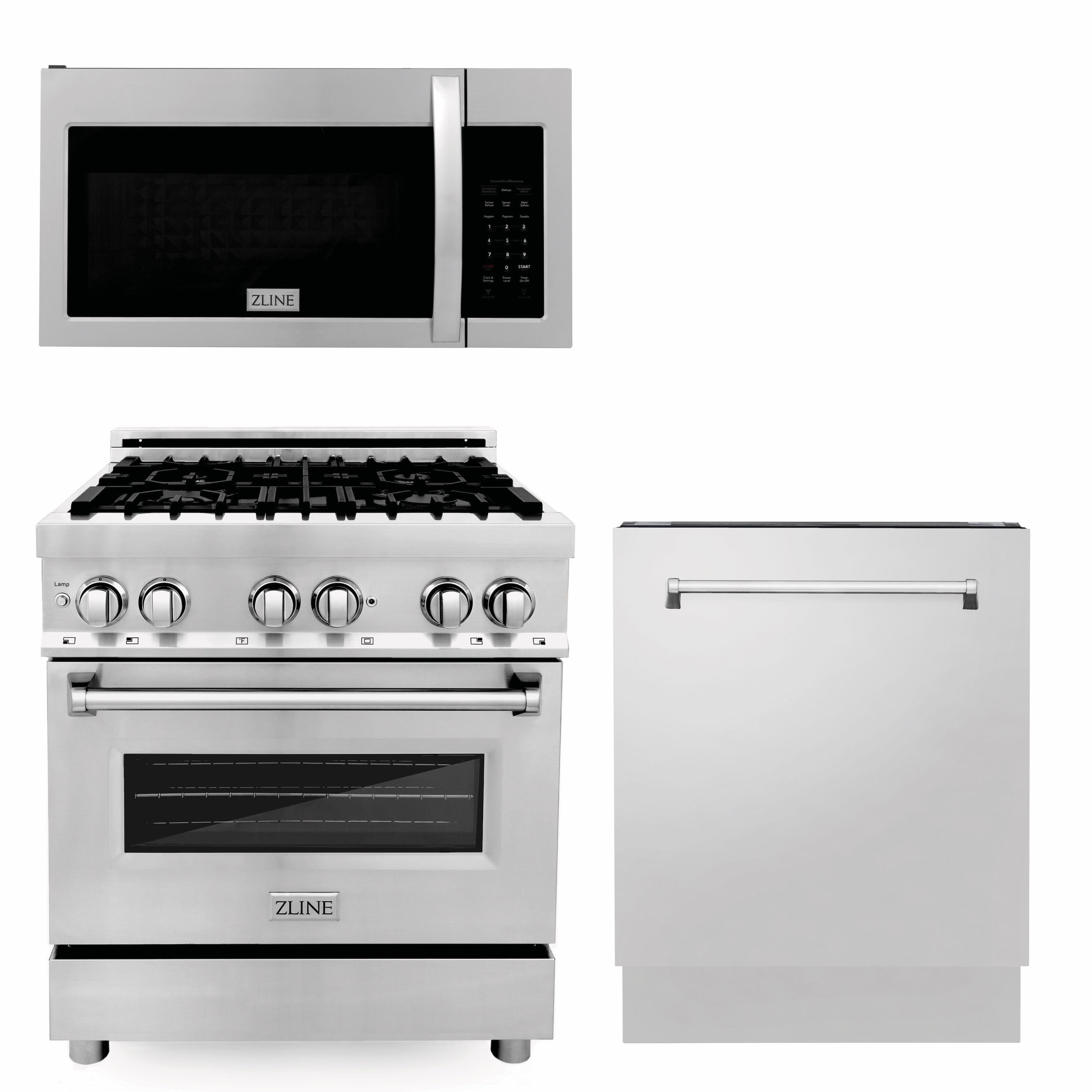 ZLINE 30" Kitchen Package with Stainless Steel Dual Fuel Range with a 30" Over the Range Microwave, and Stainless Steel Dishwasher - 3KP-RAOTR30-DW