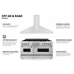 ZLINE 60" Kitchen Package with Stainless Steel Dual Fuel Range and Convertible Vent Range Hood - 2KP-RARH60