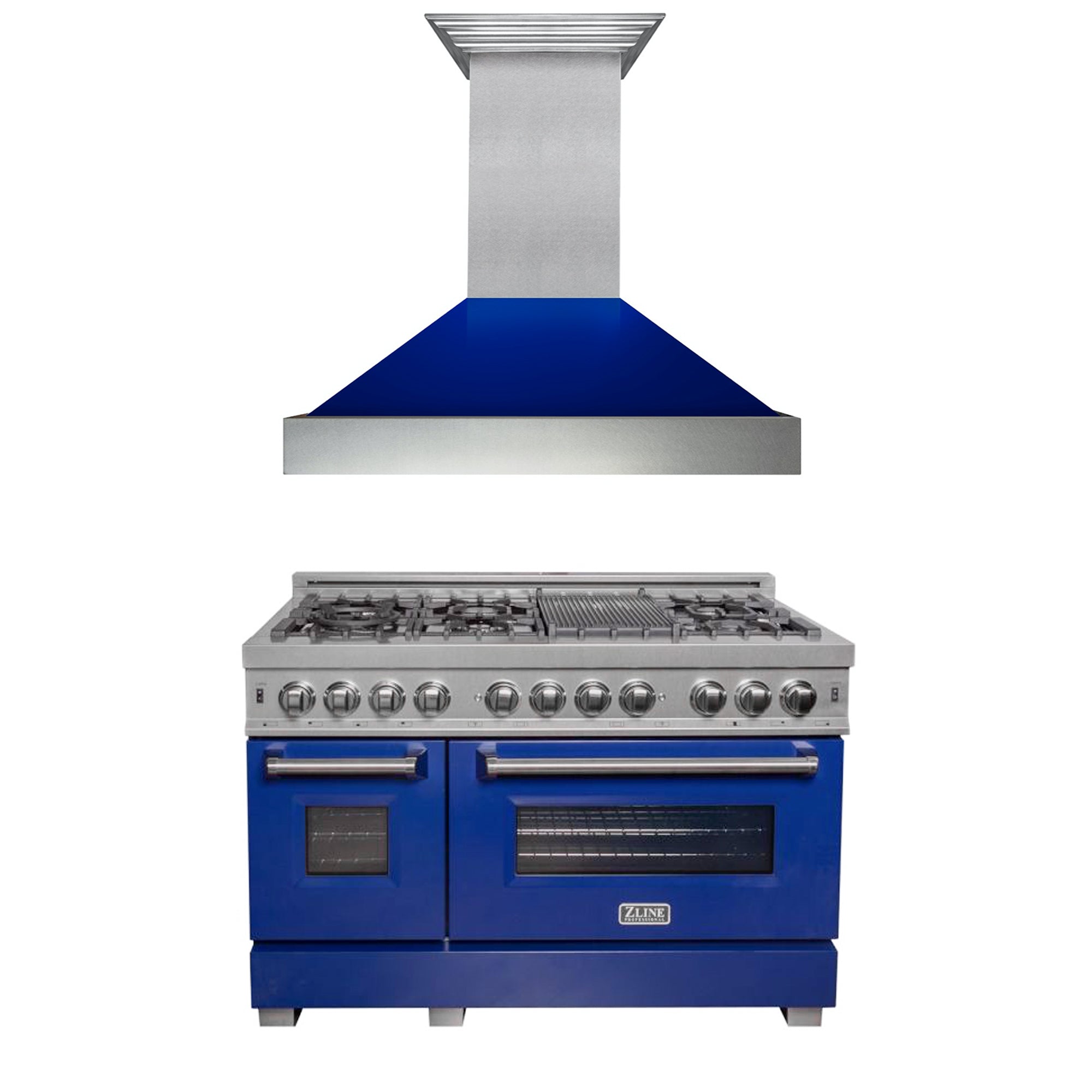 ZLINE 48" Kitchen Package with DuraSnow® Stainless Steel Dual Fuel Range with Blue Gloss Door and Convertible Vent Range Hood - 2KP-RASBGRH48