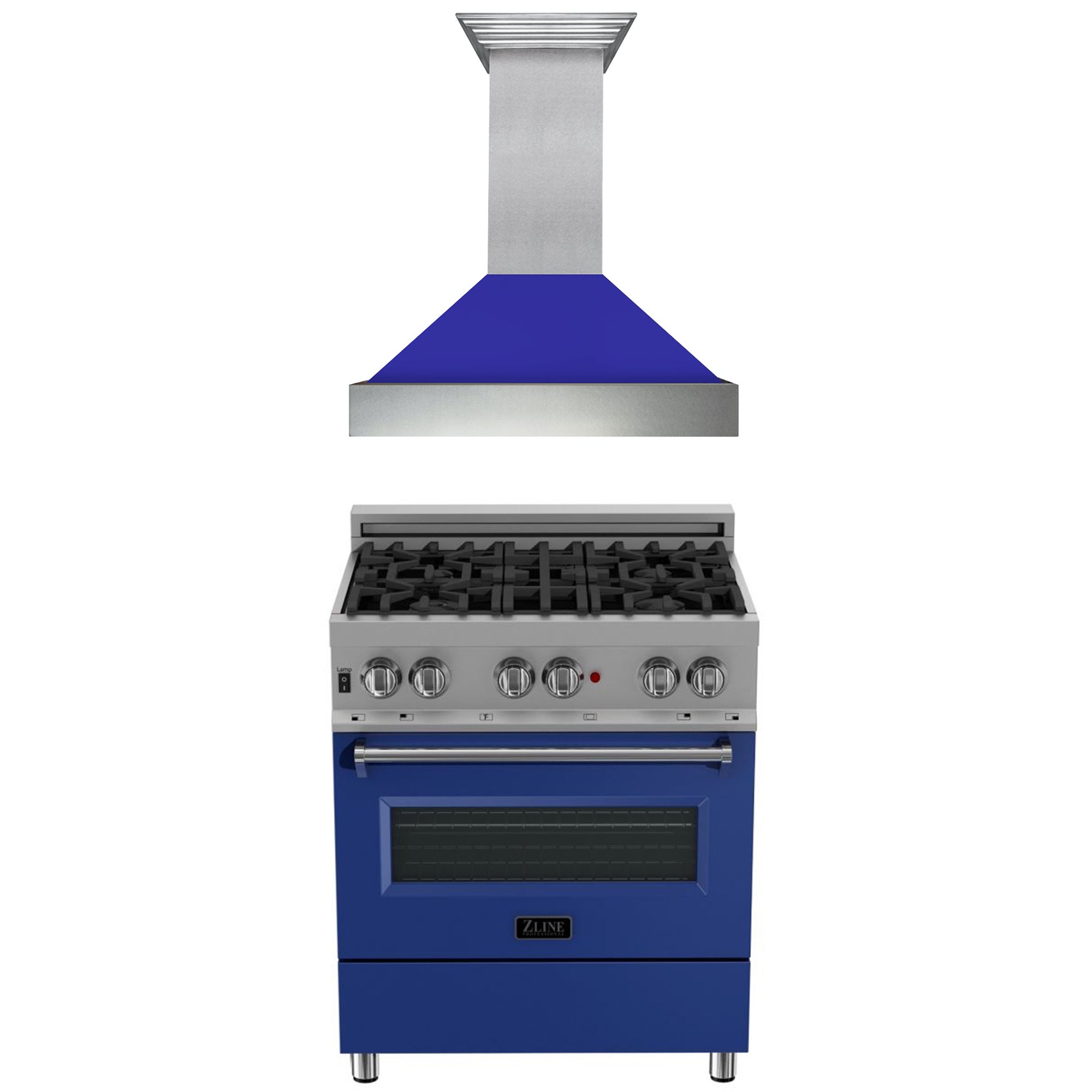 ZLINE 30" Kitchen Package with DuraSnow® Stainless Steel Dual Fuel Range with Blue Matte Door and Convertible Vent Range Hood - 2KP-RASBMRH30