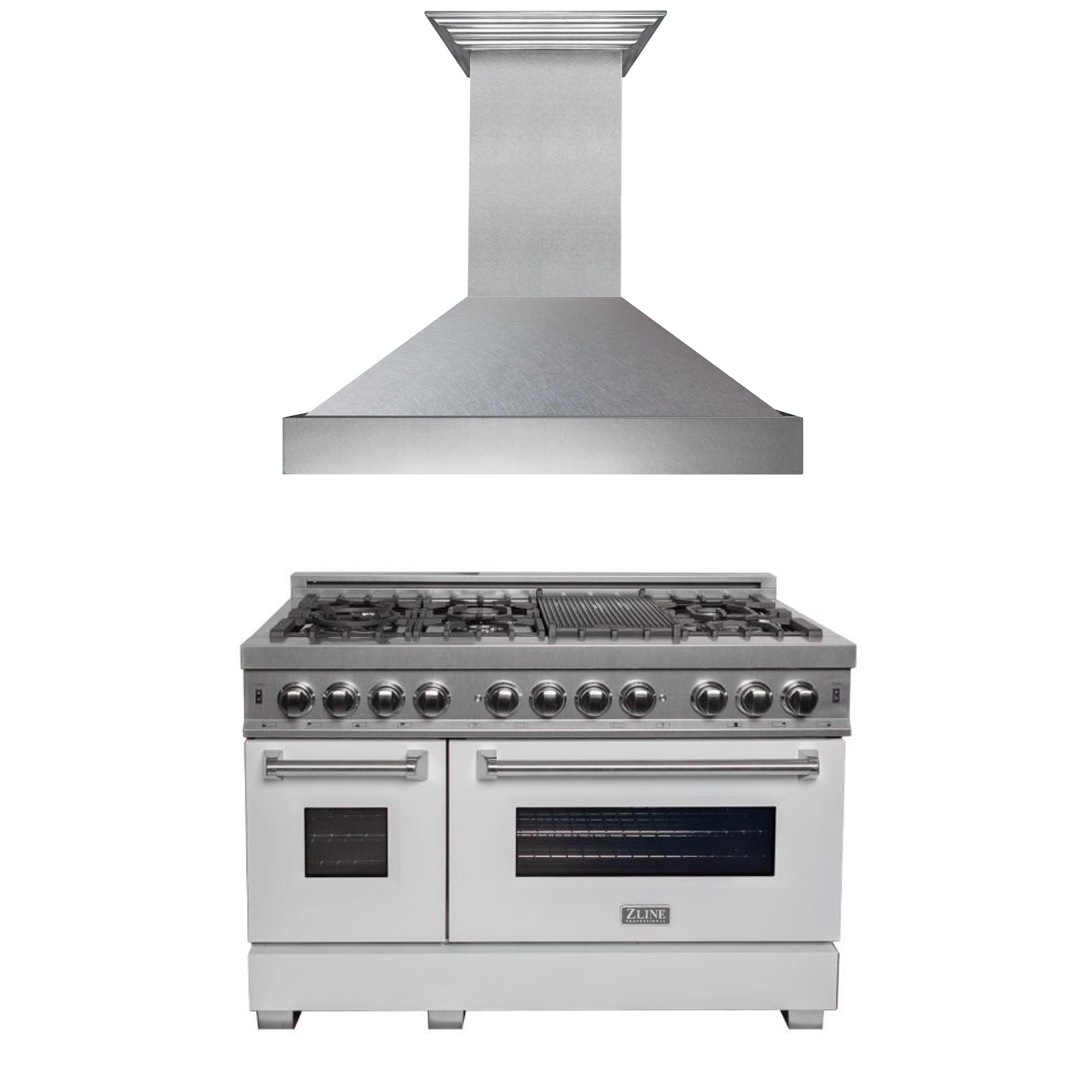 ZLINE 48" Kitchen Package with DuraSnow® Stainless Steel Dual Fuel Range with White Matte Door and Convertible Vent Range Hood - 2KP-RASWMRH48