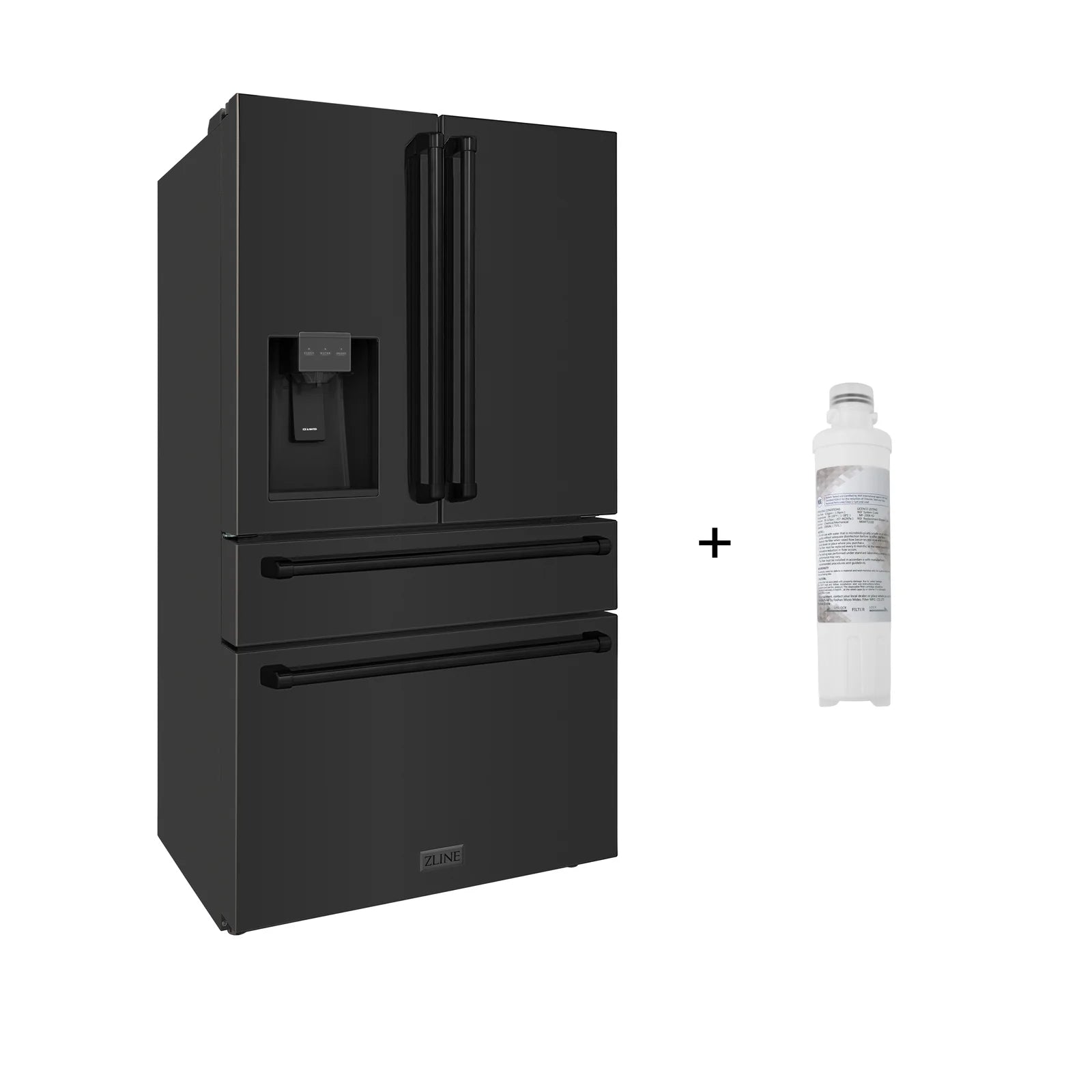 ZLINE 36-Inch 21.6 cu. ft. 4-Door French Door Refrigerator with Water and Ice Dispenser and Water Filter in Fingerprint Resistant Black Stainless Steel - RFM-W-WF-36-BS