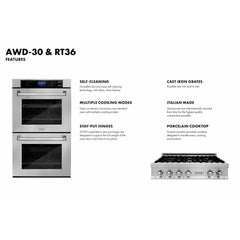 ZLINE Kitchen Package with 36" Stainless Steel Rangetop and 30" Double Wall Oven - 2KP-RTAWD36