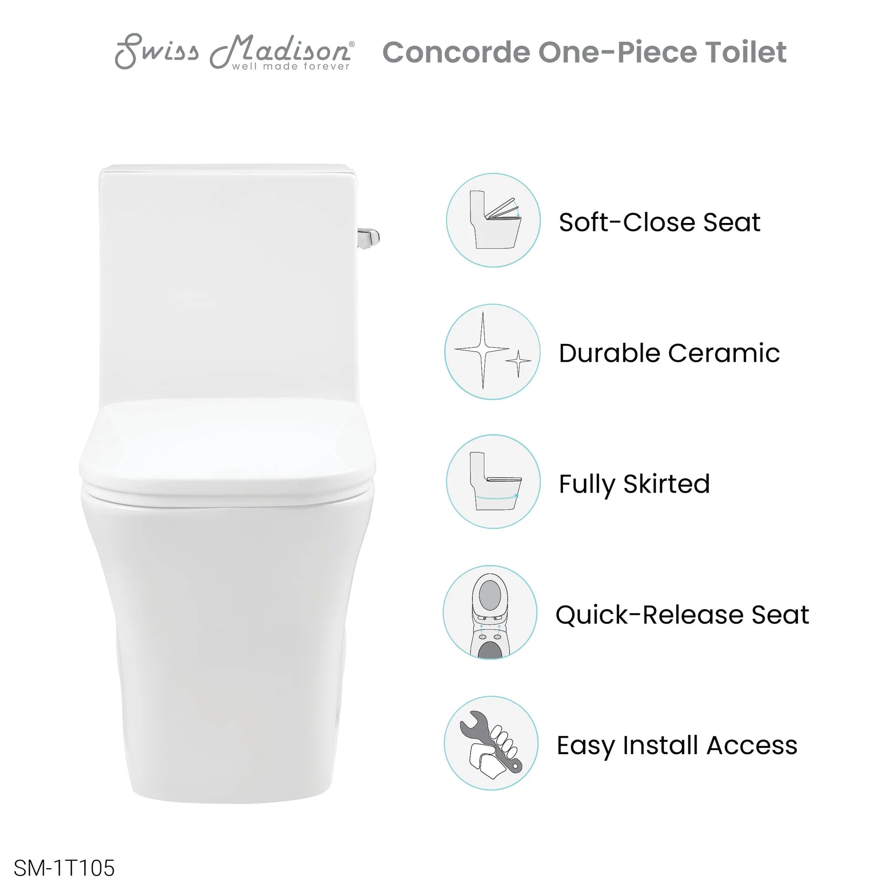 Swiss Madison Concorde One Piece Square Right Side Flush Handle Toilet 1.28 gpf - SM-1T105