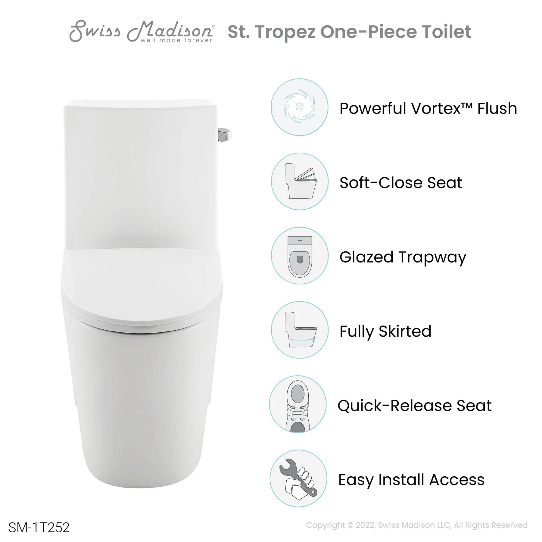 Swiss Madison St. Tropez One Piece Elongated Toilet Right Side Flush 1.28 gpf - SM-1T252