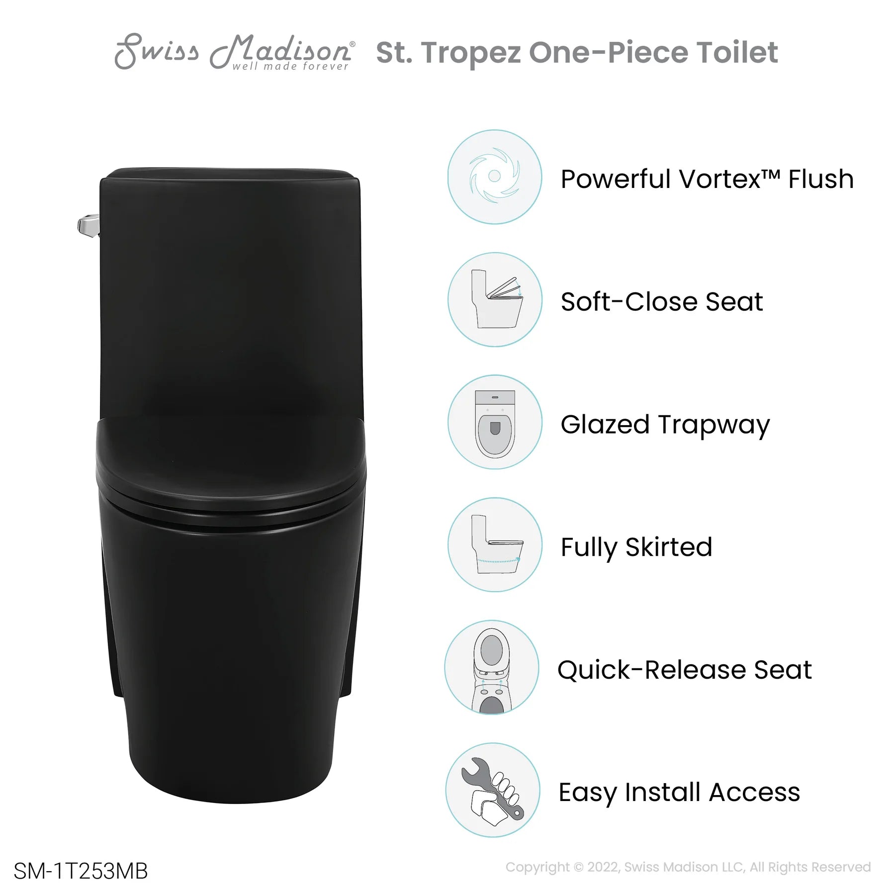 Swiss Madison St. Tropez One-Piece Elongated Toilet Vortex™ Side Flush 1.28 gpf in Matte Black - SM-1T253MB