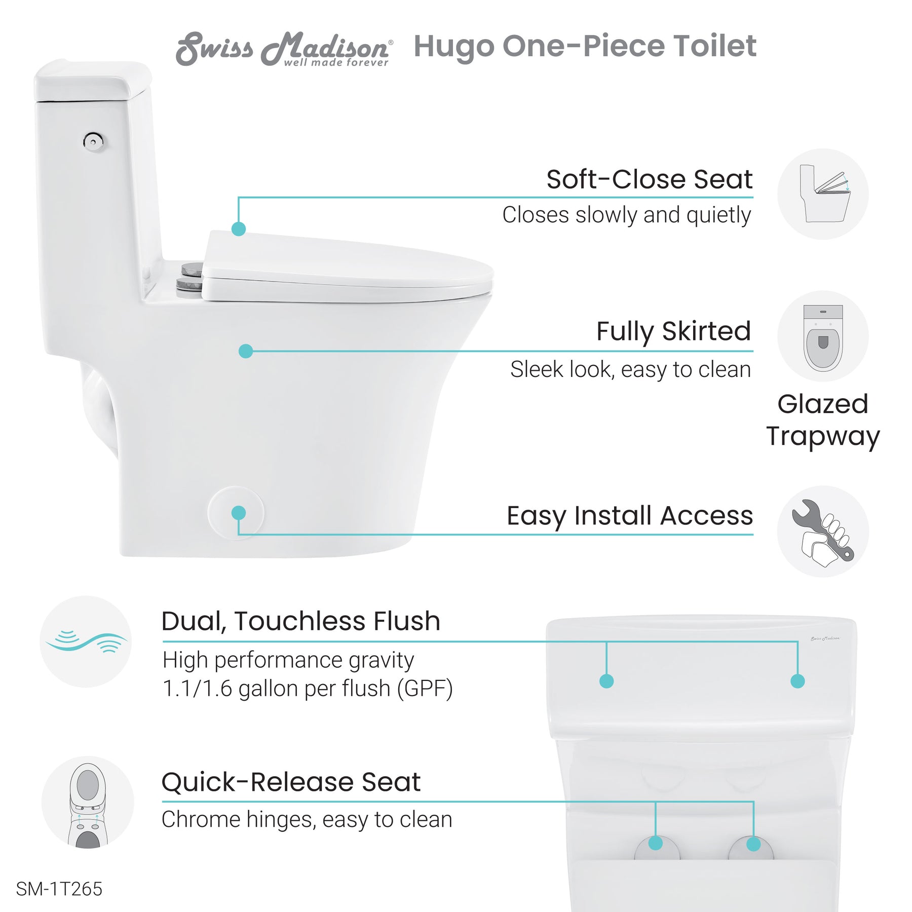 Swiss Madison Monaco  Hugo One-Piece Elongated Toilet Touchless Dual-Flush 1.1/1.6 gpf - SM-1T265