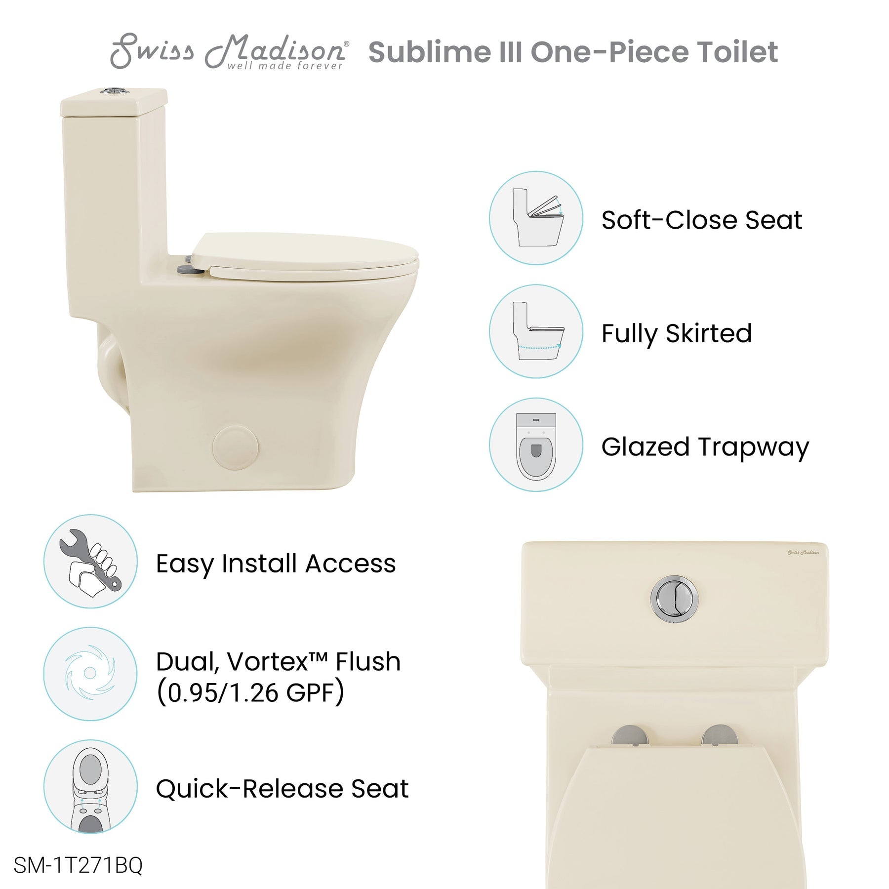 Swiss Madison Sublime III One-Piece Round Toilet Vortex™ Dual-Flush 0.95/1.26 gpf - SM-1T271