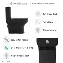 Swiss Madison Carre One Piece Square Toilet Dual Flush 1.1/1.6 gpf with 10" Rough-In, Matte Black - SM-1T276MB