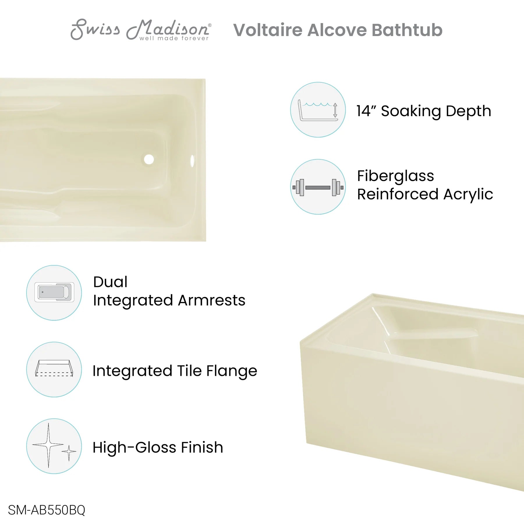 Swiss Madison Voltaire 54" X 30" Right-Hand Drain Alcove Bathtub with Apron in Bisque - SM-AB550BQ