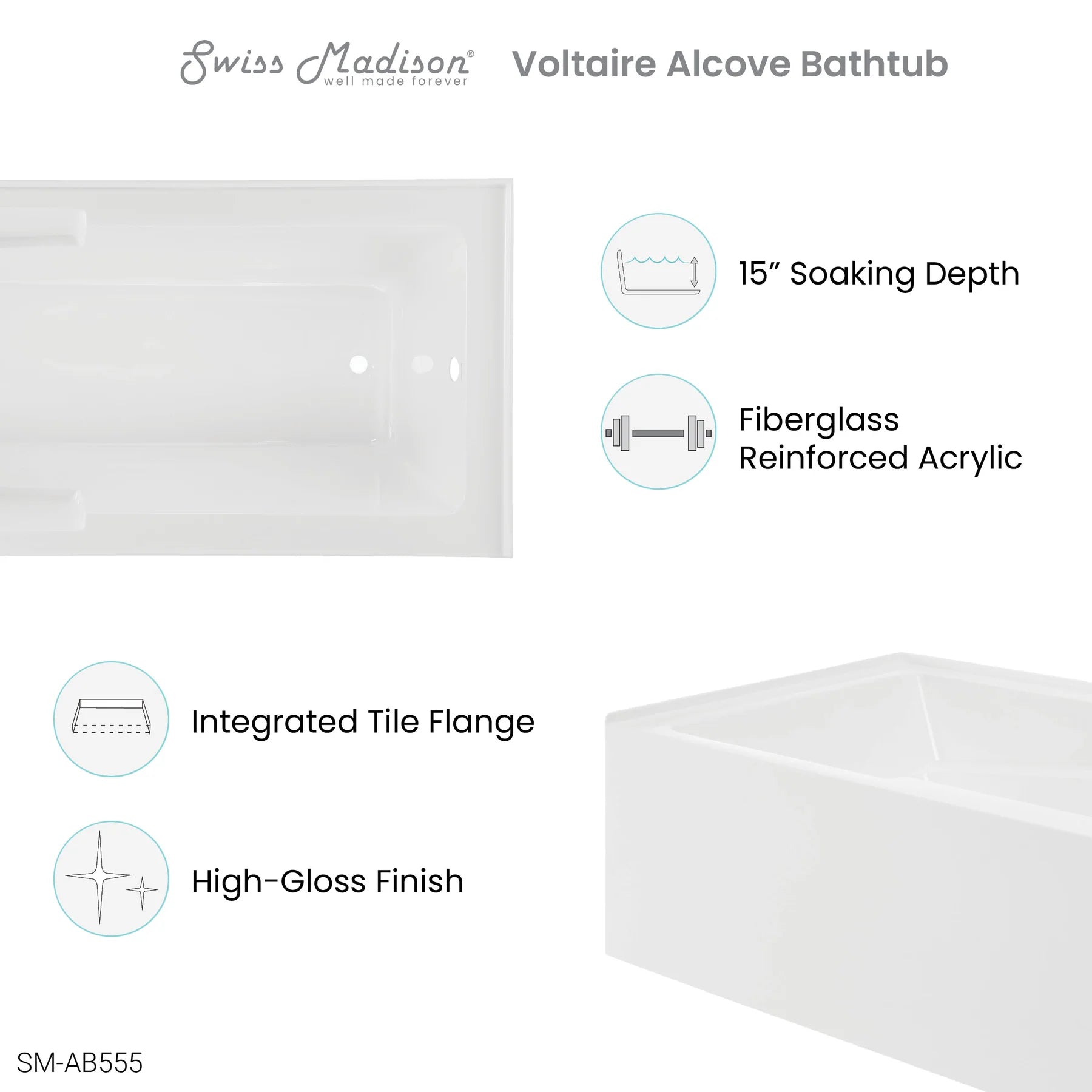 Swiss Madison Voltaire 72" x 36" Right-Hand Drain Alcove Bathtub with Apron - SM-AB555