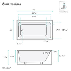 Swiss Madison Voltaire 54" X 30" Left-Hand Drain Alcove Bathtub with Apron - SM-AB557