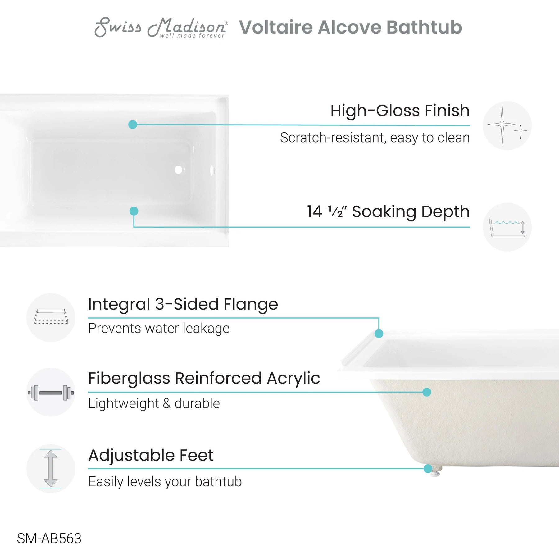 Swiss Madison Voltaire 54 in x 30 in Acrylic Glossy White, Alcove, Integral Right-Hand Drain, Bathtub - SM-AB563