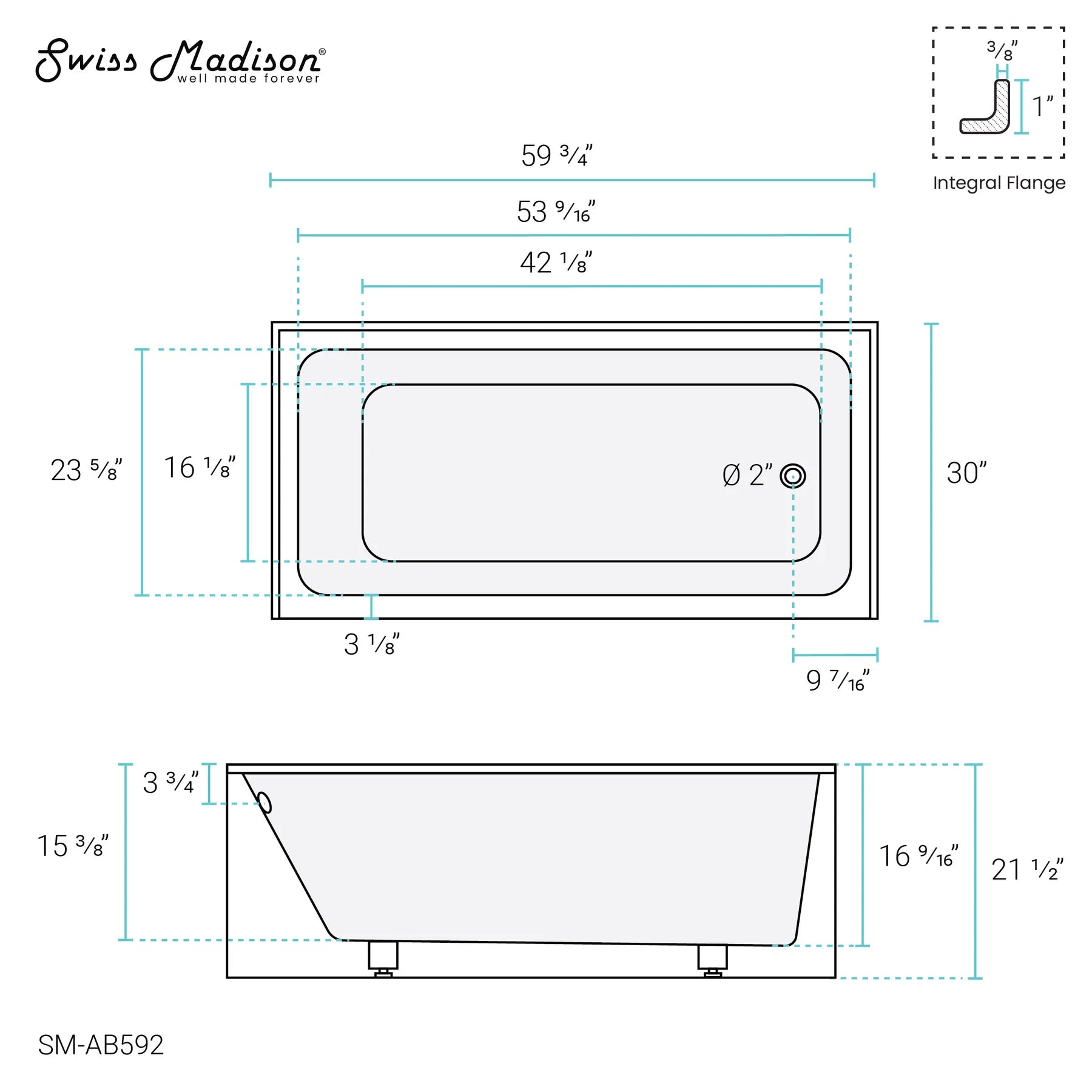 Swiss Madison Voltaire 60" X 30" Right-Hand Drain Alcove Bathtub with Apron - SM-AB592