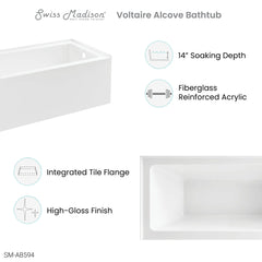 Swiss Madison Voltaire 60" X 32" Right-Hand Drain Alcove Bathtub with Apron - SM-AB594