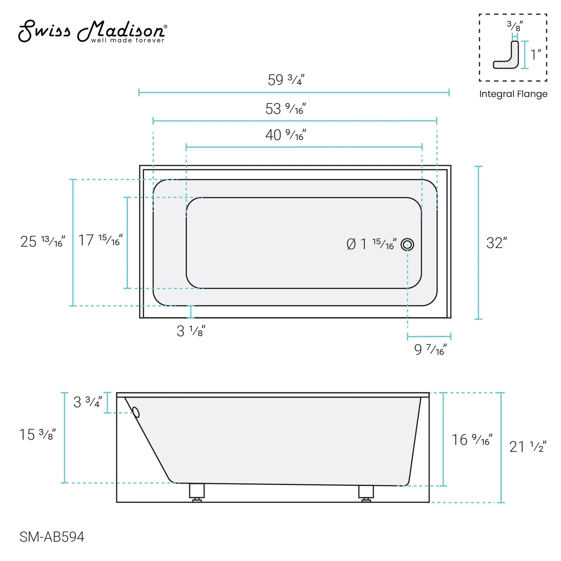 Swiss Madison Voltaire 60" X 32" Right-Hand Drain Alcove Bathtub with Apron - SM-AB594