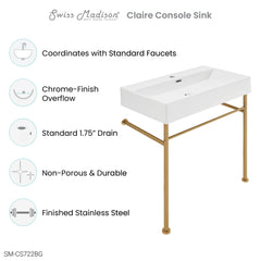 Swiss Madison Claire 30" Ceramic Console Sink White Basin Brushed Gold Legs - SM-CS722BG