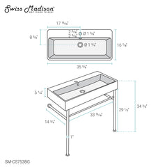 Swiss Madison Carre 36" Ceramic Console Sink Matte Black Basin Brushed Gold Legs - SM-CS753BG