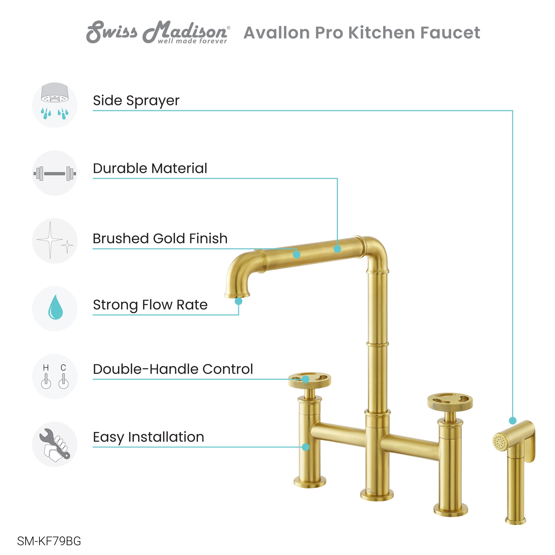 Swiss Madison Avallon Pro Widespread Kitchen Faucet with Side Sprayer SM-KF79