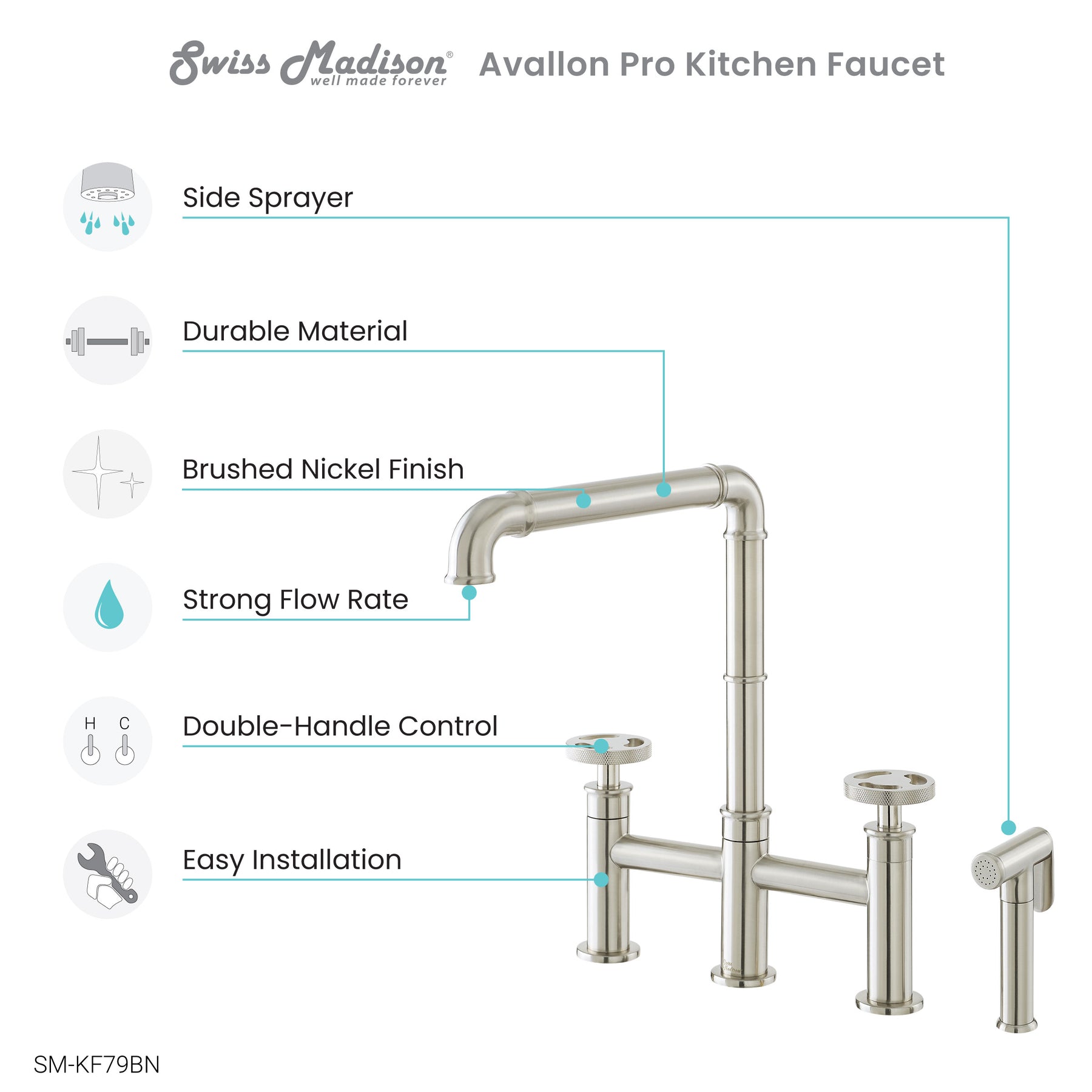 Swiss Madison Avallon Pro Widespread Kitchen Faucet with Side Sprayer SM-KF79