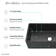 Swiss Madison Lyon 33 x 18 Fireclay, Single Basin, Farmhouse Kitchen Sink - SM-KS25