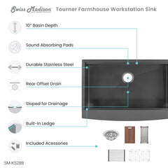 Swiss Madison Tourner 33" x 22" Stainless Steel, Single Basin, Farmhouse Kitchen Workstation Sink with Apron - SM-KS28