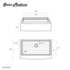 Swiss Madison Tourner 33" x 22" Stainless Steel, Single Basin, Farmhouse Kitchen Workstation Sink with Apron - SM-KS28