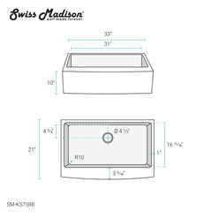 Swiss Madison Rivage 33" x 21" Stainless Steel, Single Basin, Farmhouse Kitchen Sink with Apron - SM-KS758