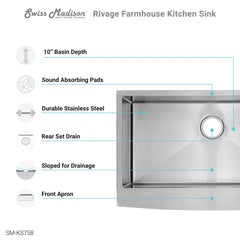 Swiss Madison Rivage 33" x 21" Stainless Steel, Single Basin, Farmhouse Kitchen Sink with Apron - SM-KS758