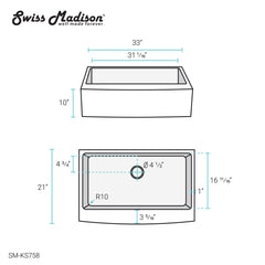 Swiss Madison Rivage 33" x 21" Stainless Steel, Single Basin, Farmhouse Kitchen Sink with Apron - SM-KS758