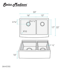Swiss Madison Rivage 33 x 22 Dual Basin Apron Kitchen Workstation Sink - SM-KS785