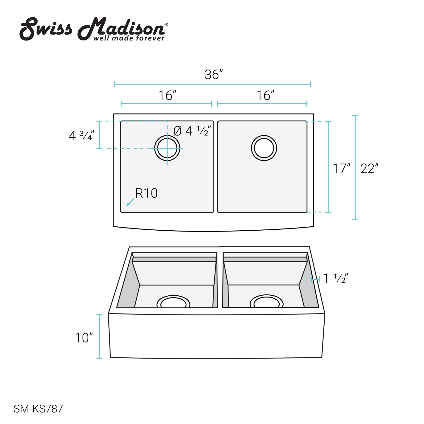 Swiss Madison Rivage 36 x 22 Dual Basin Apron Kitchen Workstation Sink - SM-KS787