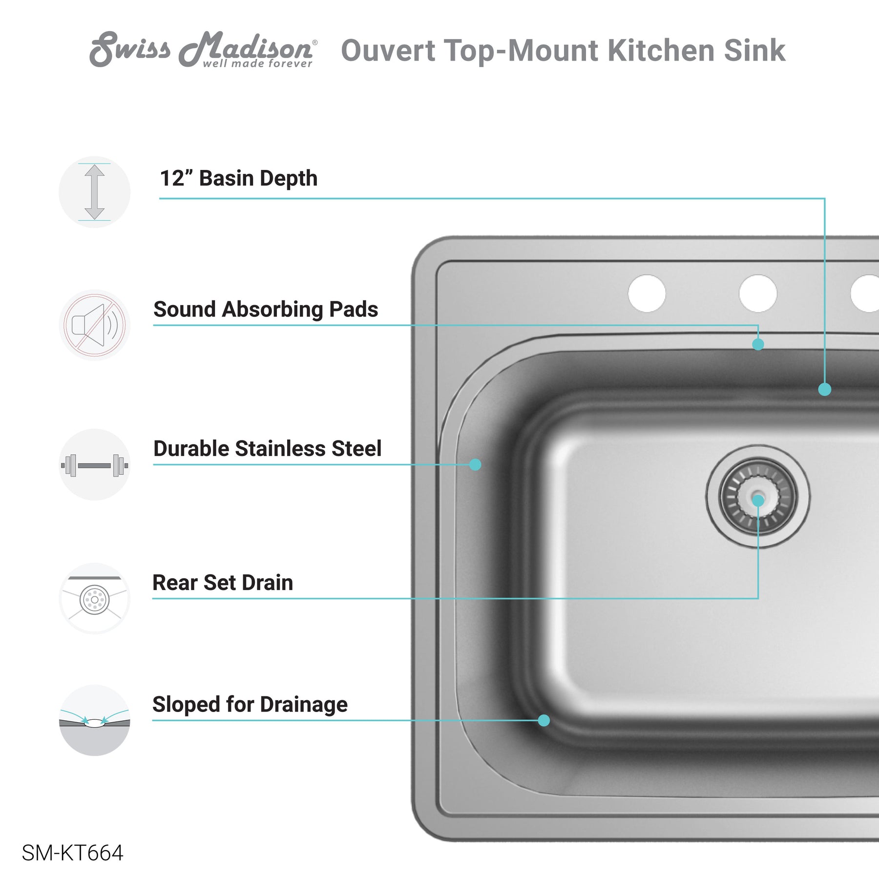 Swiss Madison Ouvert 25 x 22 Single Basin, Top-Mount Kitchen Sink - SM-KT664