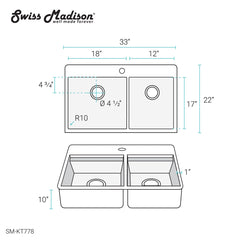 Swiss Madison  Ravi Dual Basin 33 x 22 Topmount Kitchen Workstation Sink - SM-KT778