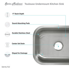 Swiss Madison Toulouse 23 1/8 x 17 7/8 Stainless Steel, Single Basin, Undermount Kitchen Sink - SM-KU703