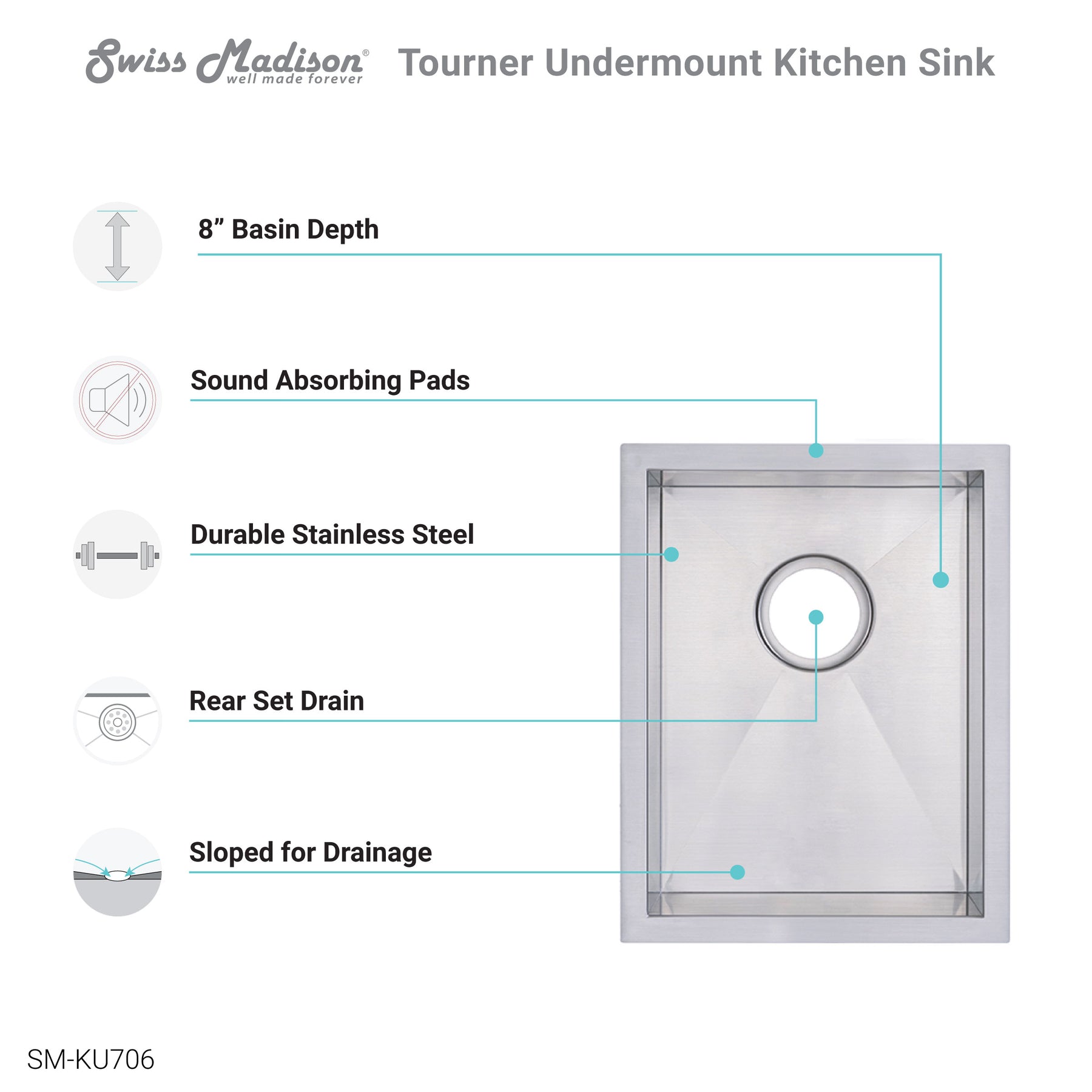 Swiss Madison Tourner 14" x 18" Stainless Steel, Single Basin, Undermount Kitchen Sink - SM-KU706