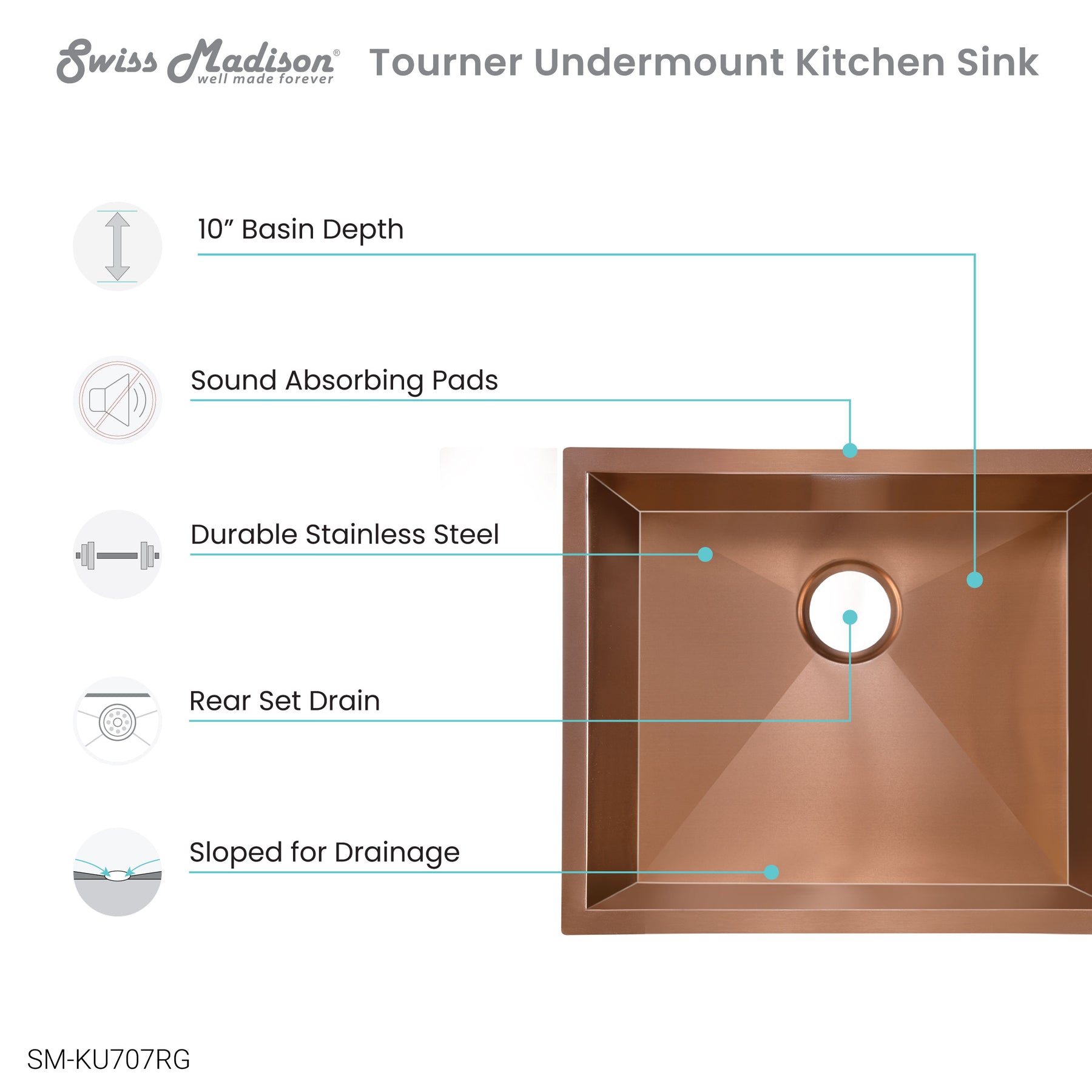 Swiss Madison Tourner 21" x 18" Single Basin, Undermount Kitchen Sink - SM-KU707