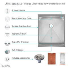 Swiss Madison Rivage 15 x 19 Single Basin Undermount Kitchen Workstation Sink - SM-KU745