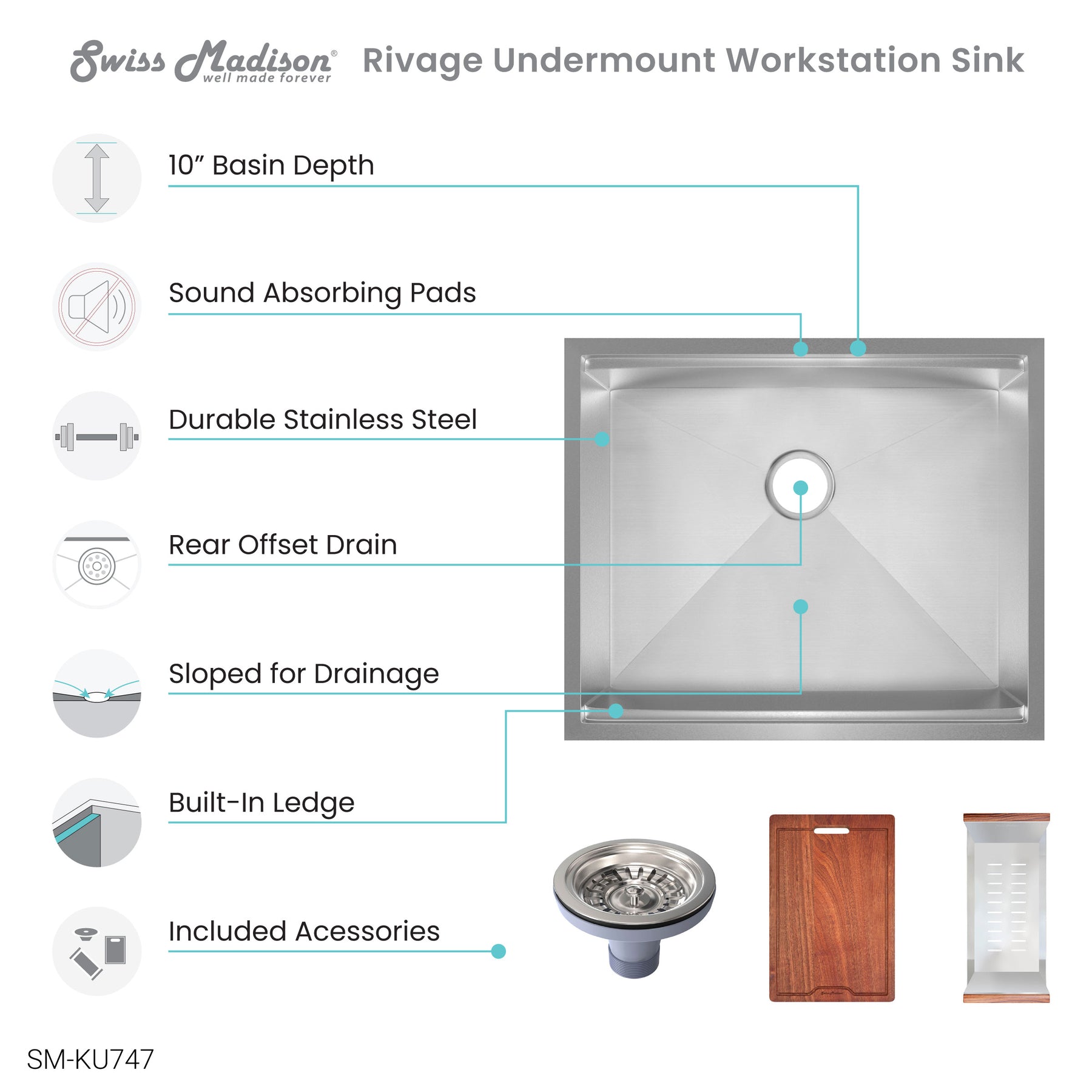 Swiss Madison Rivage 27 x 19 Single Basin Undermount Kitchen Workstation Sink - SM-KU747