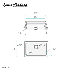 Swiss Madison Rivage 27 x 19 Single Basin Undermount Kitchen Workstation Sink - SM-KU747