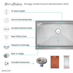 Swiss Madison Rivage 32 x 19 Single Basin Undermount Kitchen Workstation Sink - SM-KU749