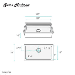 Swiss Madison Rivage 32 x 19 Single Basin Undermount Kitchen Workstation Sink - SM-KU749