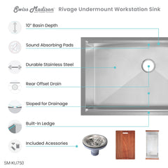 Swiss Madison Rivage 33 x 19 Single Basin Undermount Kitchen Workstation Sink - SM-KU750