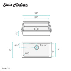 Swiss Madison Rivage 33 x 19 Single Basin Undermount Kitchen Workstation Sink - SM-KU750