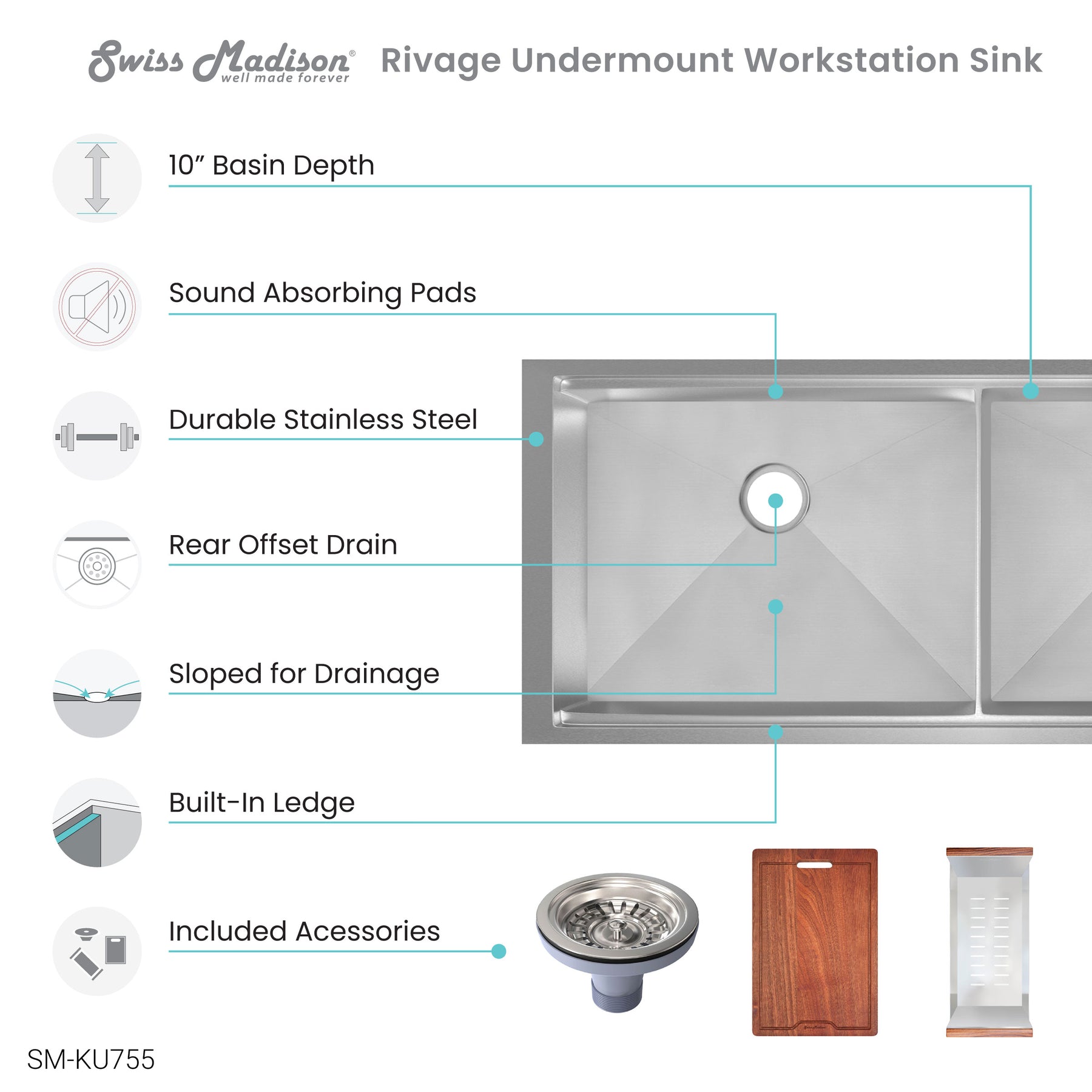 Swiss Madison Rivage 45 x 19 Dual Basin Undermount Kitchen Workstation Sink - SM-KU755