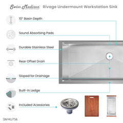 Swiss Madison Rivage 45 x 19 Single Basin Undermount Kitchen Workstation Sink - SM-KU756