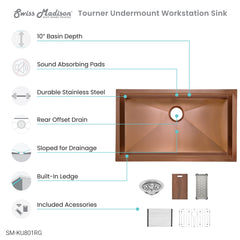 Swiss Madison Tourner 32" x 19" Stainless Steel, Single Basin, Undermount Kitchen Workstation Sink - SM-KU801